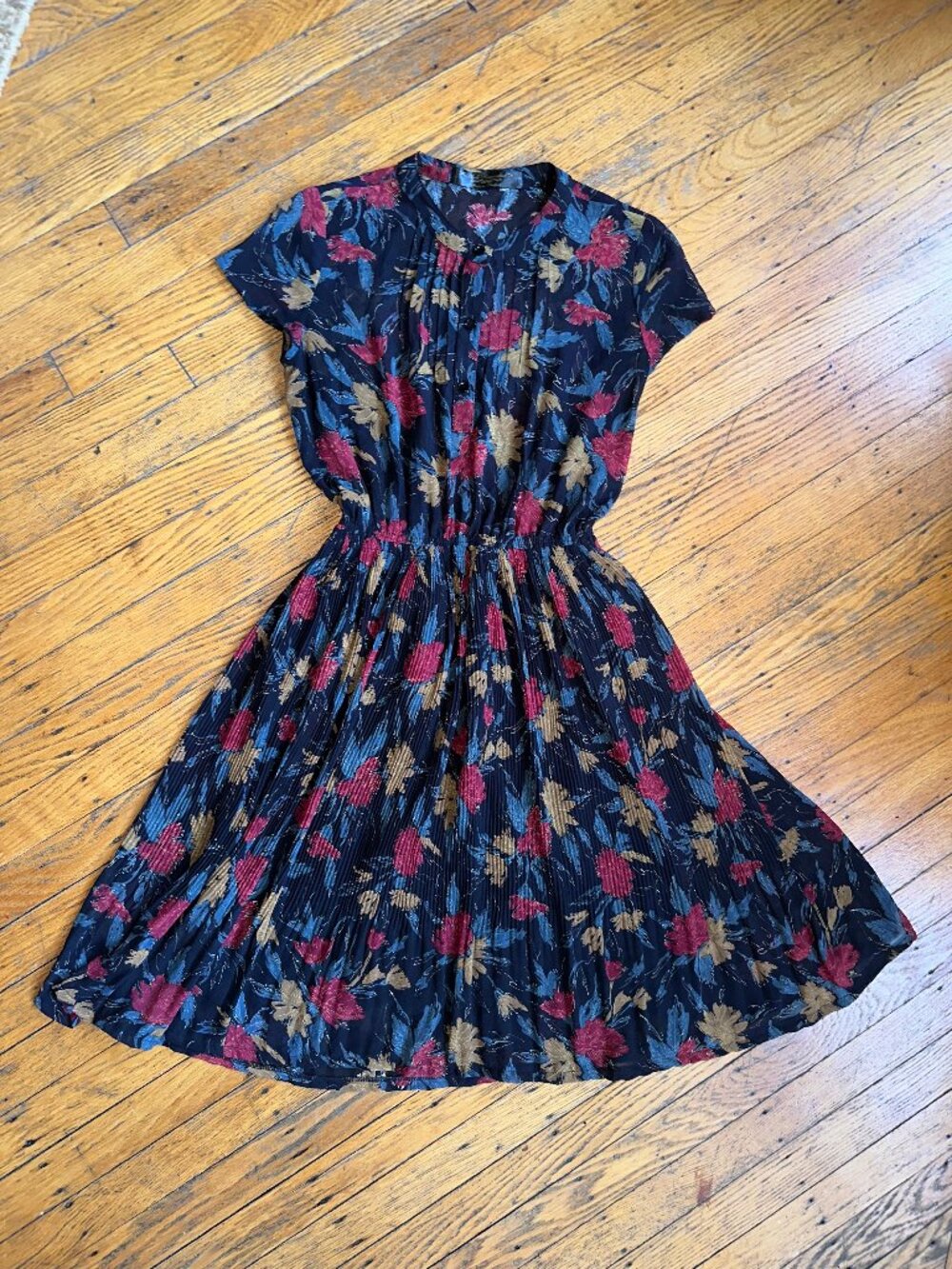 Vintage Ark Reworked midi dress black w/floral pattern and black lining Sz 6